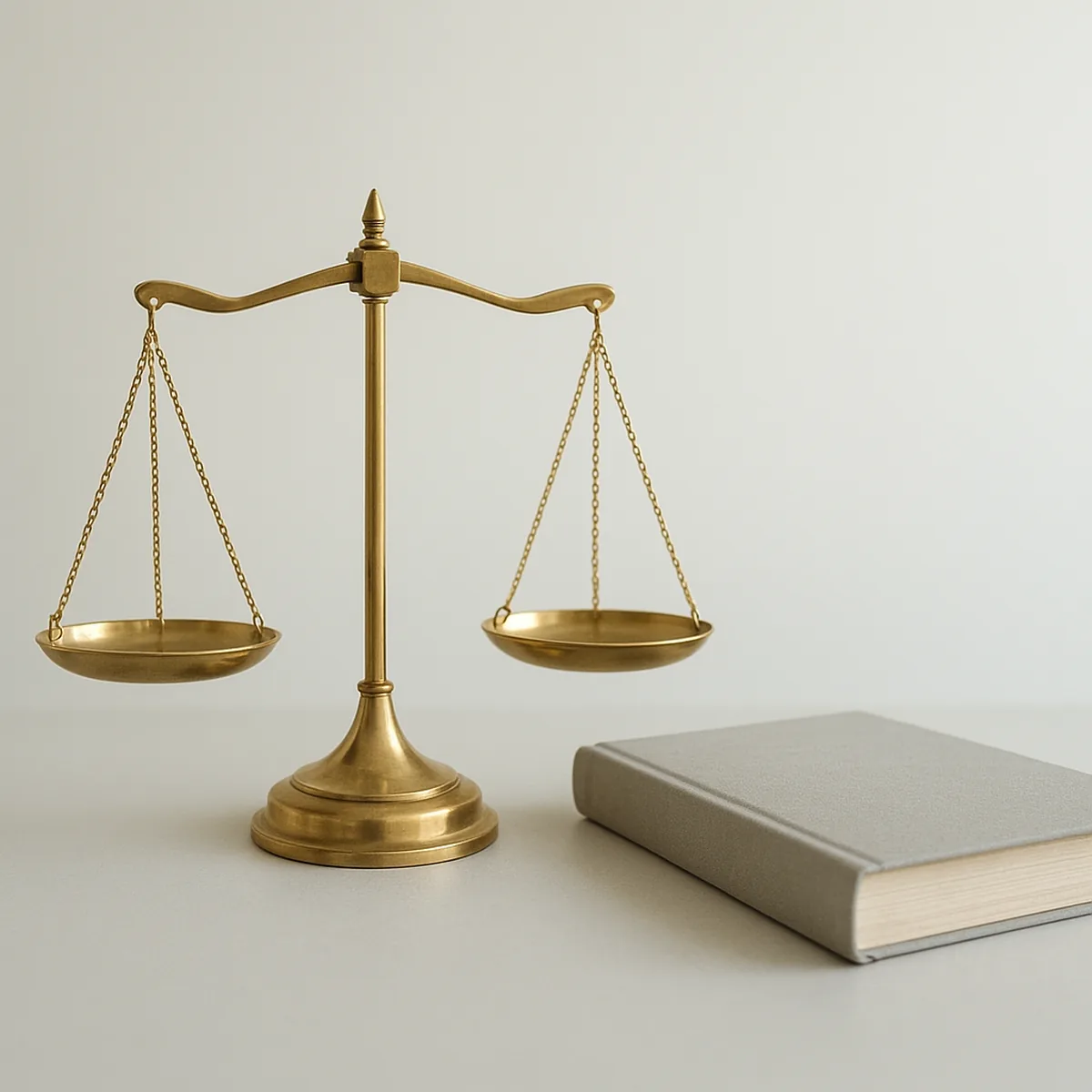 Brass scales of justice beside a closed rulebook on a light desk