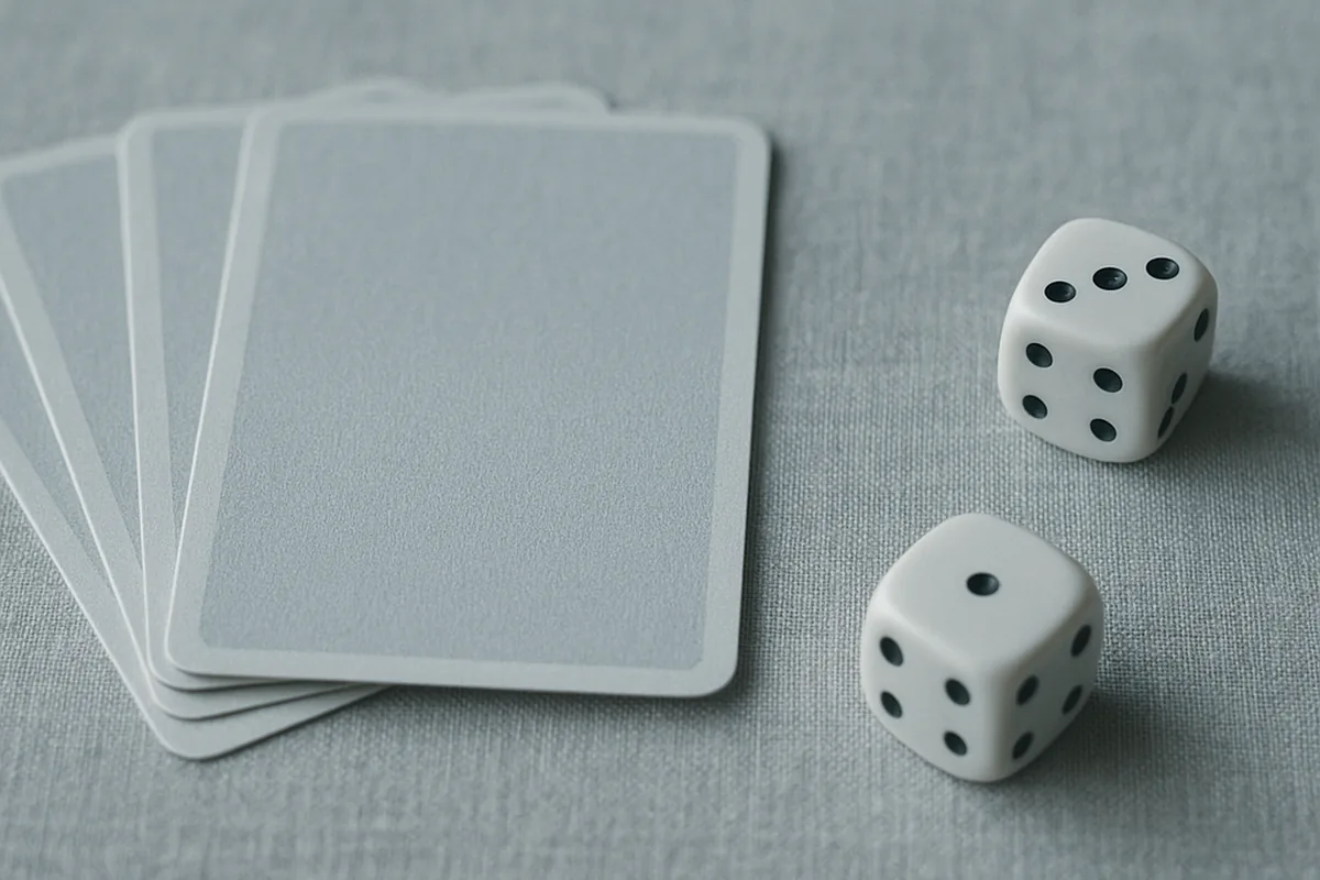 Plain playing cards and two dice on a light surface