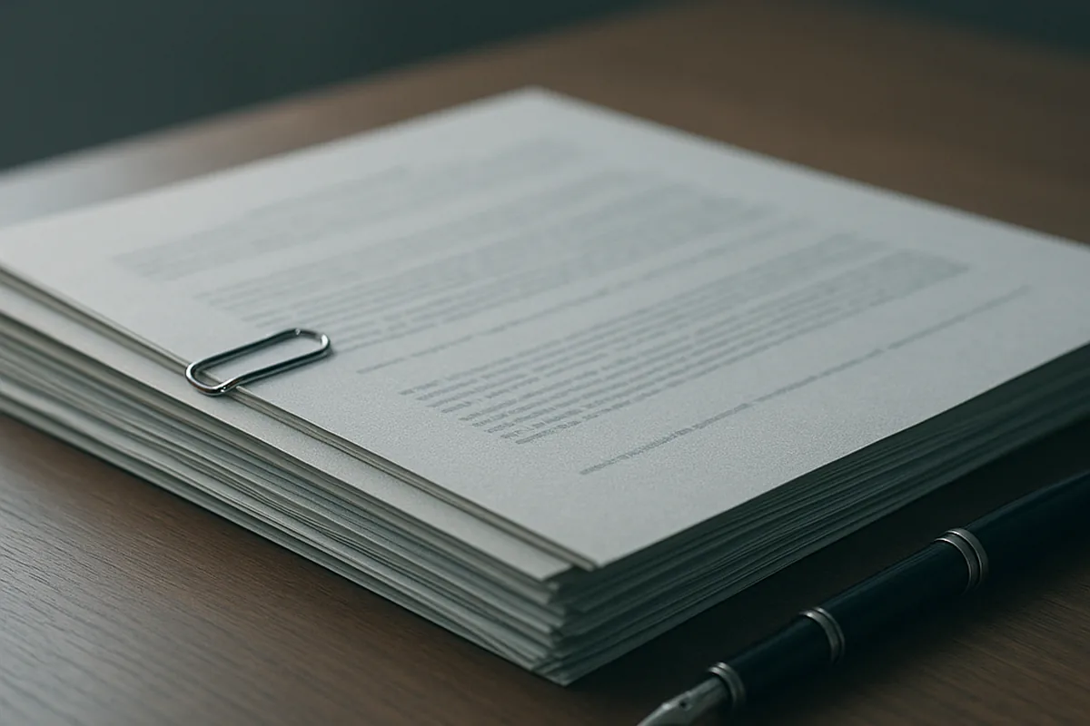 Stack of regulatory documents and a pen on a desk